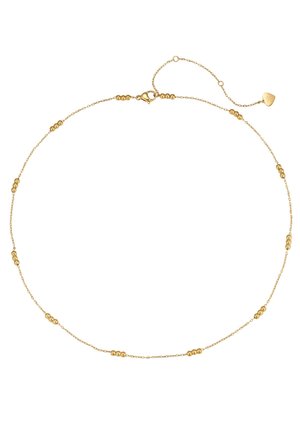 Feine goldene Halskette mit kleinen goldenen Perlen-Clustern, gleichmäßig verteilt, mit Karabinerverschluss und verstellbarer Kette mit kleinem Herzanhänger.