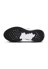 Black rubber outsole with raised circular patterns, a white midsole, and purple accents. Designed for traction and stability.
