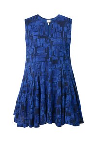 Abito senza maniche di colore blu con un motivo geometrico in diverse tonalità di blu, dalla vestibilità morbida e gonna a campana, realizzato in tessuto morbido.