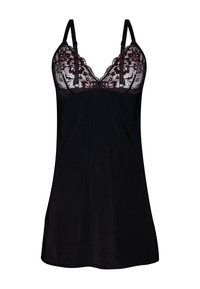 Schwarzes Nachtkleid mit einer Spitzenbodice im Blumenmuster, verstellbaren Trägern und einer fließenden, weichen Textur. Der Saum ist unten abgerundet.