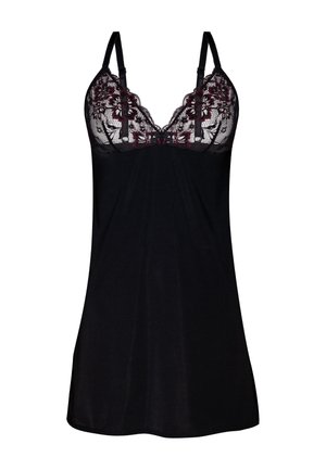 Schwarzes Nachtkleid mit einer Spitzenbodice im Blumenmuster, verstellbaren Trägern und einer fließenden, weichen Textur. Der Saum ist unten abgerundet.