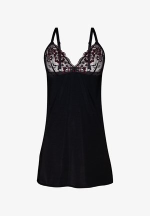 Schwarzes Nachtkleid mit einer Spitzenbodice im Blumenmuster, verstellbaren Trägern und einer fließenden, weichen Textur. Der Saum ist unten abgerundet.