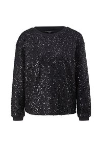 Sudadera negra cubierta de lentejuelas brillantes, con escote redondo, mangas largas y puños acanalados. La superficie texturizada refleja la luz.