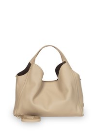Beżowa skórzana torebka na ramię o teksturowanym wykończeniu, z podwójnymi uchwytami i odpinanym paskiem na ramię. Design eksponuje miękkie, zaokrąglone linie.