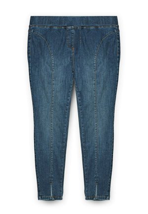 Pantaloni in denim di colore blu scuro con vestibilità slim. Presentano tasche frontali e dettagli cuciti lungo le cuciture laterali e gli orli.