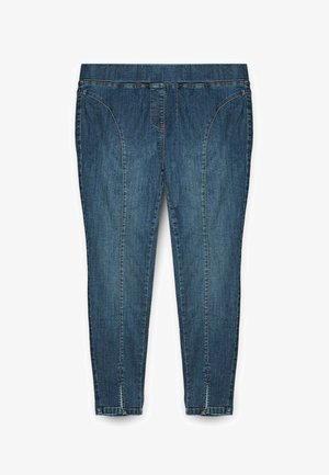 Džíny v tmavě modré barvě se slim fit střihem. Obsahují přední kapsy a prošívané detaily podél bočních švů a lemů.