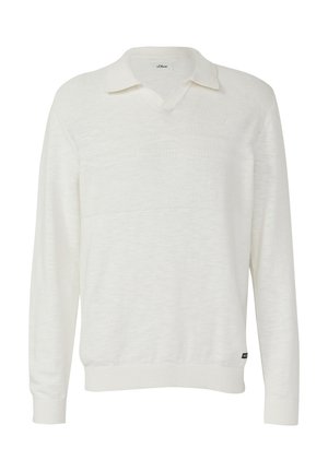 Pull blanc à manches longues avec un col en V et un design col à revers. Présente des rayures horizontales texturées ainsi que des poignets et un ourlet côtelés.