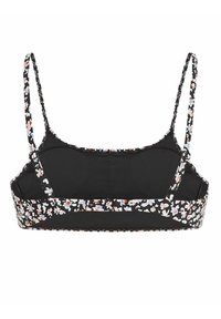 Bralette nera con dettagli floreali sui cinturini e sulla banda, dotata di spalline sottili e regolabili, con una texture liscia e un design semplice.