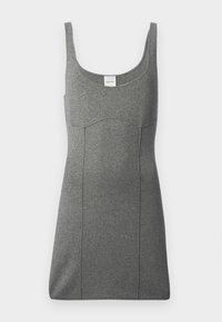 Rochie gri fără mâneci, confecționată din material jersey, cu un decolteu rotund, o formă ajustată și detalii subtile la cusături. Eticheta este vizibilă la decolteu.