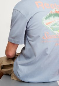 Světle modré bavlněné tričko s grafikou na zadní straně znázorňující hory, tenisové kurty a text "Reebok Sport." Krátké rukávy.