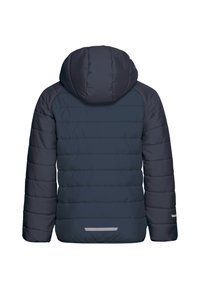 Marinblå pufferjacka med huva, med kviltad textur, rak silhuett och reflexdetaljer på ärmarna och nederkanten.