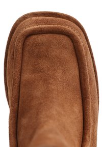 Braune Wildleder-Ankle Boots mit runder Zehenpartie, doppelter Kragen und sichtbaren Steppnähten entlang der Kanten. Glatte Textur.