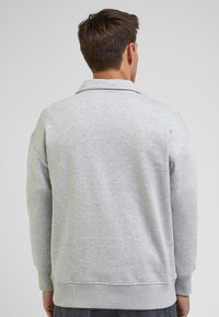 Grijze sweatshirt met een kraag, gemaakt van zacht materiaal, met ribgebreide mouwen en onderrand, en een effen achterkant zonder zichtbare branding.