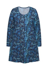 Langslippendress van marineblauwe stof, met blauwe bloemenpatronen en een ronde halslijn. Zacht, glad textuur en een ontspannen pasvorm.