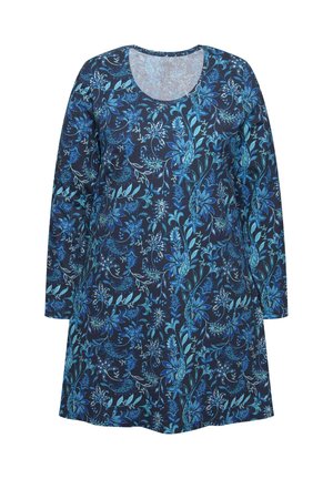 Langslippendress van marineblauwe stof, met blauwe bloemenpatronen en een ronde halslijn. Zacht, glad textuur en een ontspannen pasvorm.