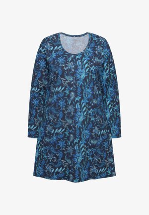 Sukienka z długim rękawem w granatowym kolorze, zdobiona niebieskimi kwiatowymi wzorami oraz okrągłym dekoltem. Miękka, gładka tekstura i luźny krój.