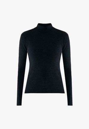 Czarny prążkowany sweter z długim rękawem i golfem, dopasowany w talii i z wysokim kołnierzem.