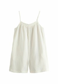 Rompers blancs et légers avec des fines bretelles, un col élastique froncé et un tissu texturé. Comprend un short ample pour le confort.