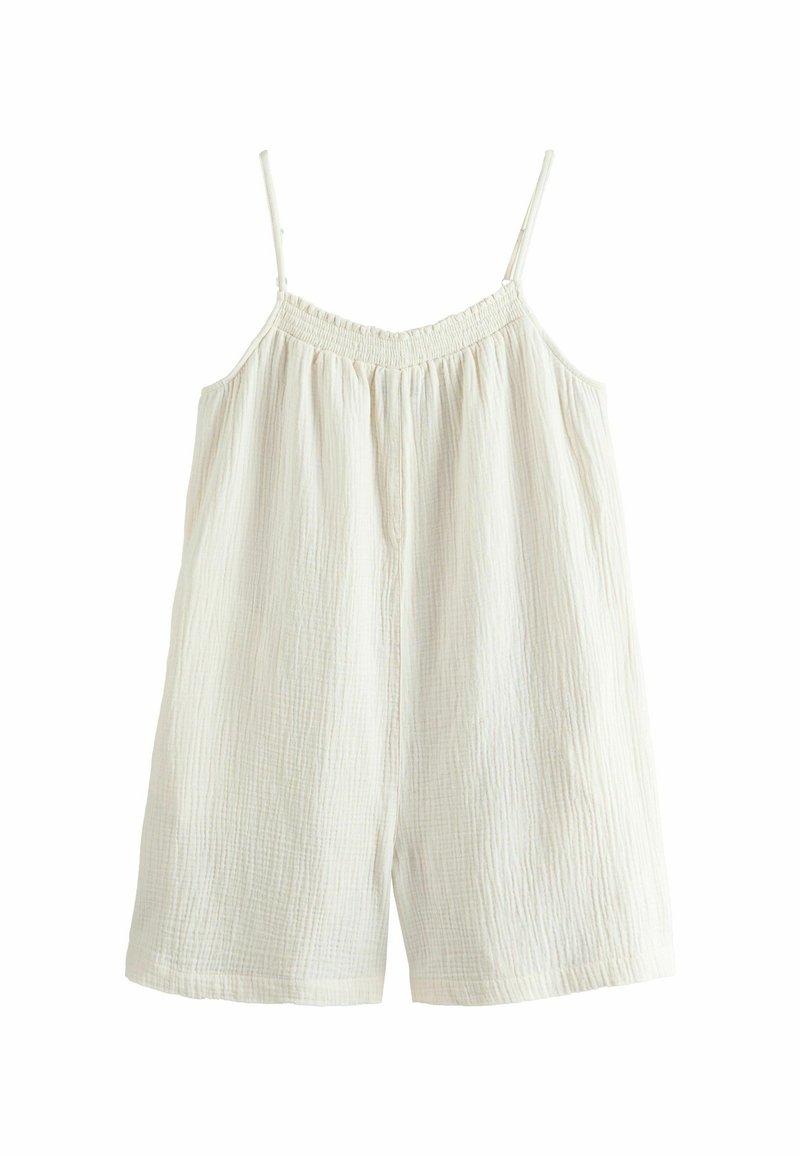 Romper bianco leggero con spalline sottili, scollatura elasticizzata arricciata e tessuto texturizzato. Presenta pantaloni corti morbidi per il massimo comfort.