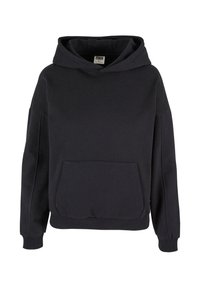 Sudadera con capucha negra tipo pulóver con bolsillo canguro, puños acanalados y un ajuste relajado.