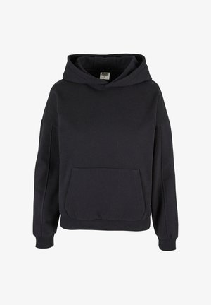 Fekete pulóver kapucnis felső kenguru zsebbel, bordázott mandzsettával és kényelmes, laza szabással.