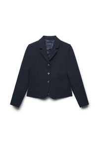 Blazer su misura blu navy con tre bottoni, colletto a scollo a lancia, maniche lunghe e due tasche frontali a toppa.