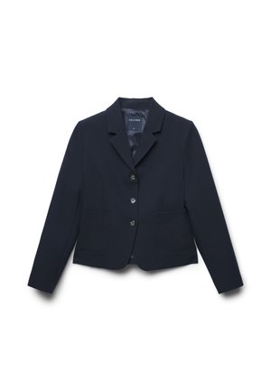 Blazer ajusté bleu marine avec trois boutons, col à revers, manches longues et deux poches plaquées à l'avant.