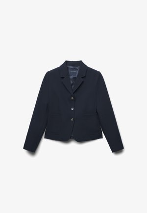 Blazer ajusté bleu marine avec trois boutons, col à revers, manches longues et deux poches plaquées à l'avant.