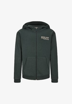 Dunkelgrüner Reißverschluss-Hoodie aus weichem Material, mit einer Kängurutasche und gesticktem Logo auf der oberen linken Brust.