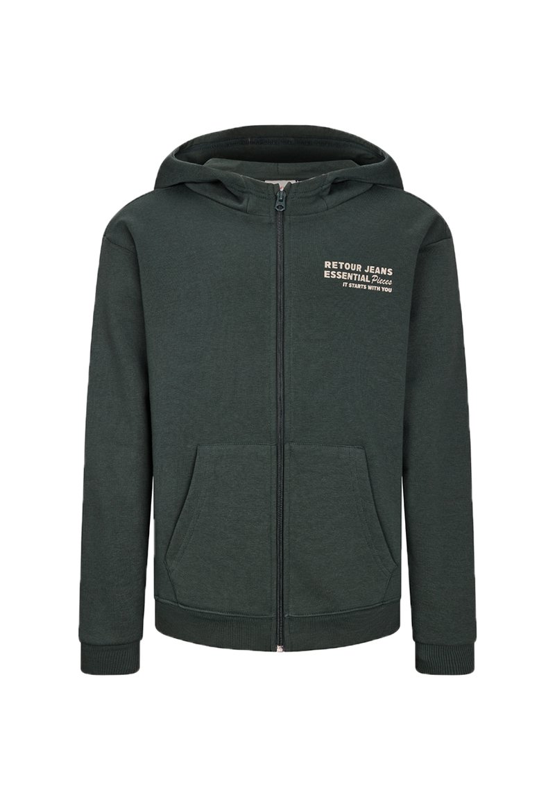Dunkelgrüner Reißverschluss-Hoodie aus weichem Material, mit einer Kängurutasche und gesticktem Logo auf der oberen linken Brust.