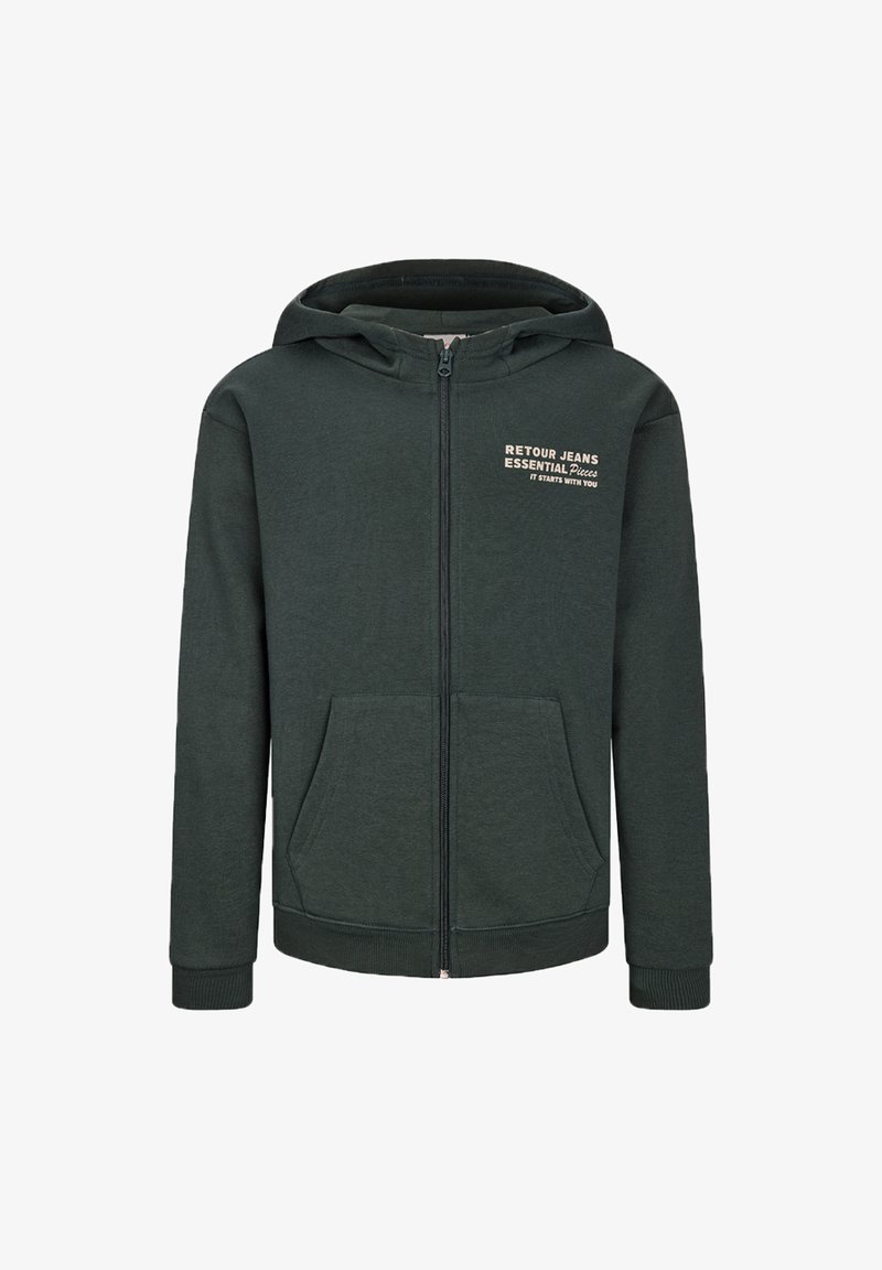 Felpa con zip di colore verde scuro, realizzata in un materiale morbido, con tasca a marsupio e logo ricamato sul lato sinistro del petto.