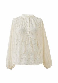 Cremefarbige Spitze Bluse mit hohem Kragen, knöpfbarem Vorderteil und langen Ärmeln. Sie ist mit floralen Mustern durchzogen und hat elastische Bündchen.