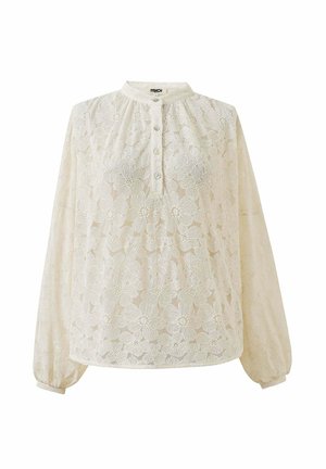Cremefarbige Spitze Bluse mit hohem Kragen, knöpfbarem Vorderteil und langen Ärmeln. Sie ist mit floralen Mustern durchzogen und hat elastische Bündchen.