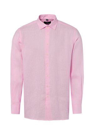 Herenoverhemd met lange mouwen in lichtroze met een button-down kraag en witte knopen op de voorkant en manchetten.