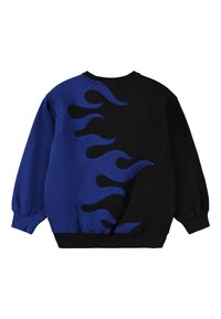 Black and blue sweatshirt featuring flame cut-outs on the back, long sleeves, a round neck, and a ribbed waistband. Soft fabric texture.