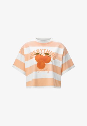 T-shirt corta a maniche corte con ampie strisce orizzontali color pesca e bianco e grafica con tre pesche e testo "TUTTO è perfetto."
