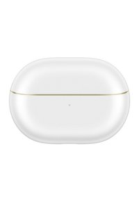 Glänzende weiße Ladehülle mit einem glatten, abgerundeten Design, ausgestattet mit einem goldenen Akzentband und einer kleinen LED-Anzeige auf der Vorderseite.