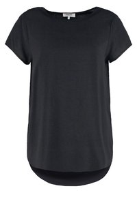 T-shirt nera a maniche corte con scollatura rotonda e orlo posteriore leggermente più lungo. Realizzata in tessuto liscio e leggero. Senza motivi.