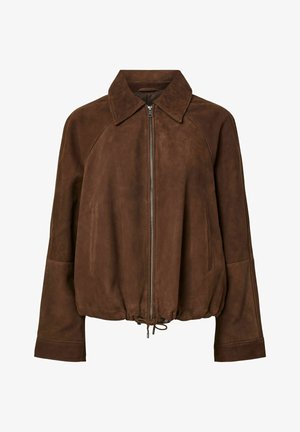 Veste en daim marron avec fermeture éclair frontale, ourlet à cordon, manches longues et col pointu.