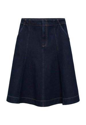 Dark blue denim skirt with a flared shape, visible front pockets, and contrasting stitching. Mid-length design with a smooth texture.