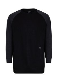 Black sweatshirt with long sleeves, a crew neckline, and a subtle textured finish. Features a small logo printed on the lower side.