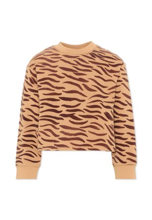 Felpa cropped a maniche lunghe con motivo a strisce di tigre marrone e marrone scuro e scollo rotondo.