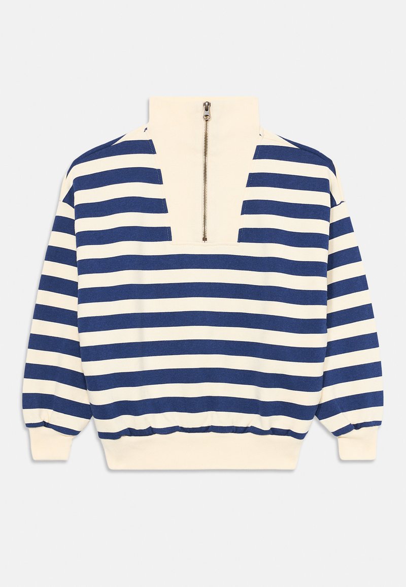 Stripete genser med halv glidelås krage; har marineblå og kremfargede horisontale striper, mykt stoff og elastiske mansjetter og kant.