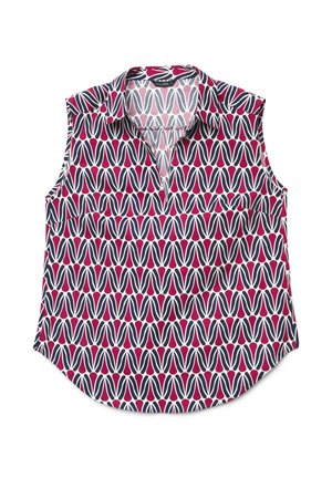 Blusa senza maniche con motivo a goccia astratto blu navy e rosso, colletto appuntito e apertura a scollo a V.