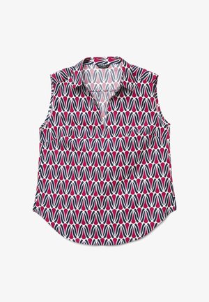 Blusa senza maniche con motivo a goccia astratto blu navy e rosso, colletto appuntito e apertura a scollo a V.