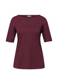 Mørkerød kvindetop med korte ærmer, rund halsudskæring og lige kant, vist på hvid baggrund.