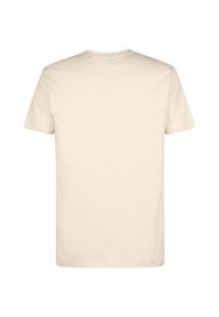 Hellbeiges T-Shirt mit kurzen Ärmeln und rundem Halsausschnitt, gefertigt aus einem weichen, leichten Stoff, mit glatter Textur und schlichtem Design.