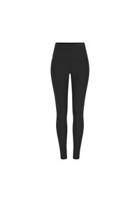 Black leggings with a high waistband, made of stretchy fabric. Features a smooth texture and minimal stitching, suitable for activewear.