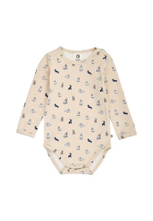 Beige babyheldragt med lange ærmer med små hundeillustrationer i marineblå, hvid, brun og orange, med trykknapper i bunden.
