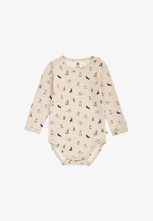 Beige babyheldragt med lange ærmer med små hundeillustrationer i marineblå, hvid, brun og orange, med trykknapper i bunden.